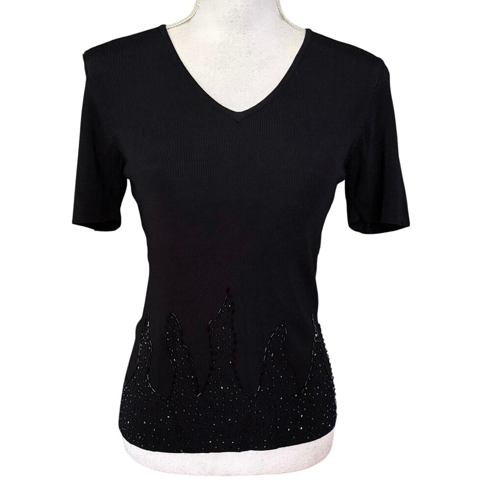 Marengo Size S Stretch Knit Beaded Sweater V Neck Black Y2K Italy
